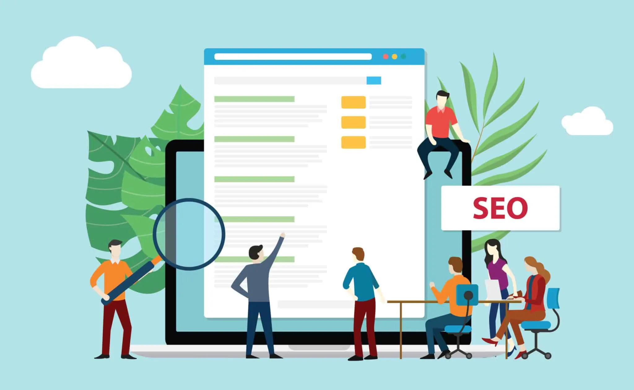 seo search engine optimization with office team people working together increase website rating – vector - Grey Matter B2B marketing