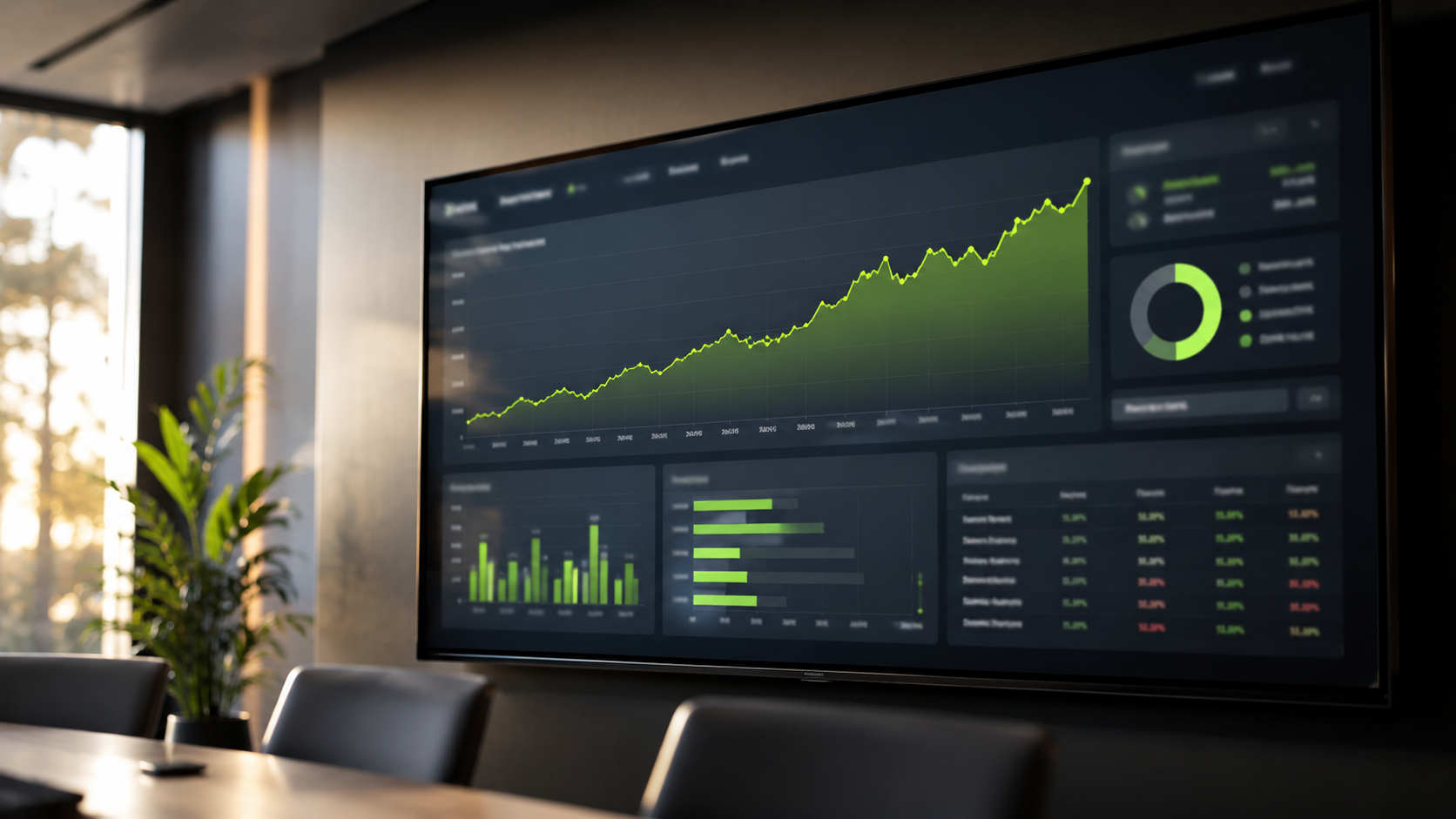 Marketing analytics dashboard displayed on a conference room screen, showing an upward-trending green line chart alongside bar graphs and a data table — representing the kind of pipeline and revenue metrics B2B SEO reporting should deliver.