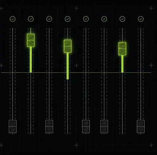 A mixing board with three faders pushed high against a dark background, representing focused B2B channel marketing: three channels, not seven.