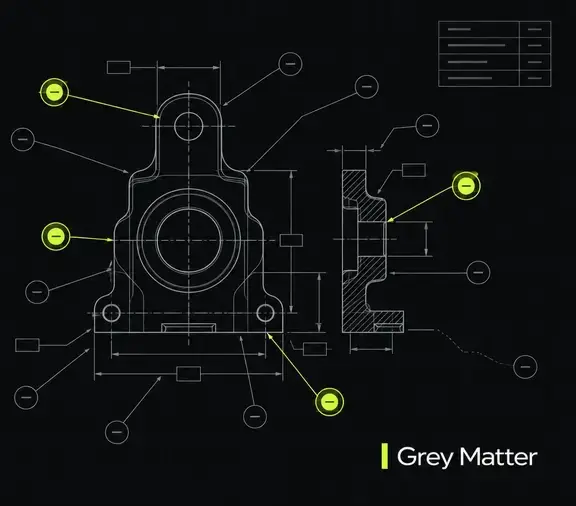 Wireframe technical drawing of a machined bracket with callout balloons, four highlighted in green, representing buyer searches finding a manufacturer.