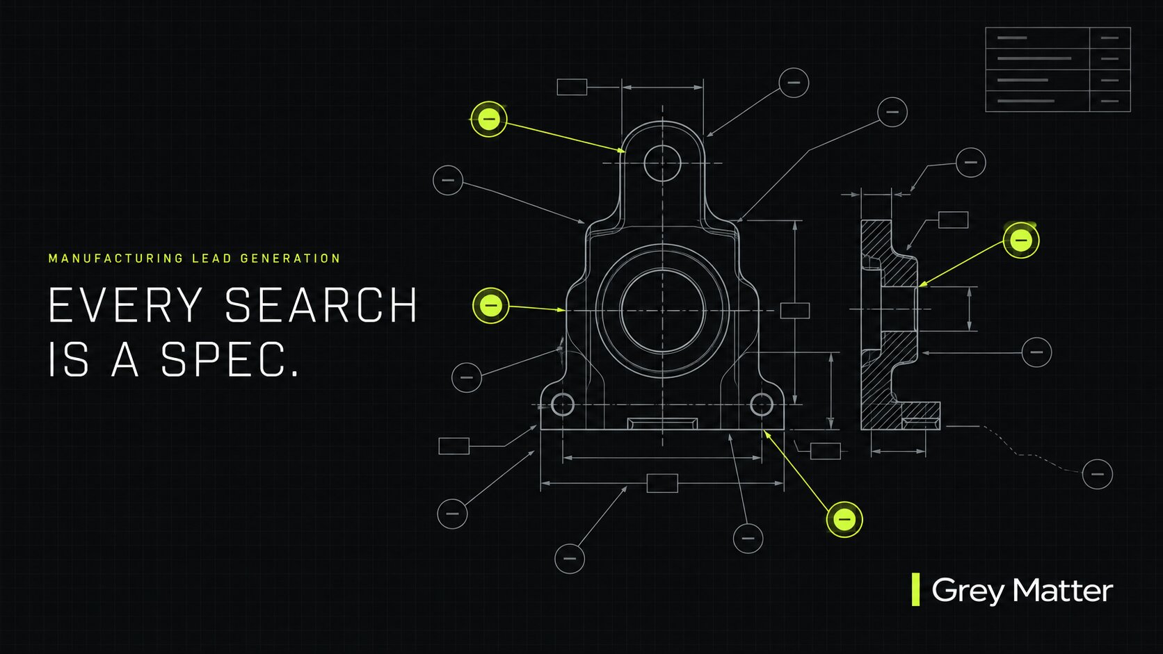 Wireframe technical drawing of a machined bracket with callout balloons, four highlighted in green, representing buyer searches finding a manufacturer.