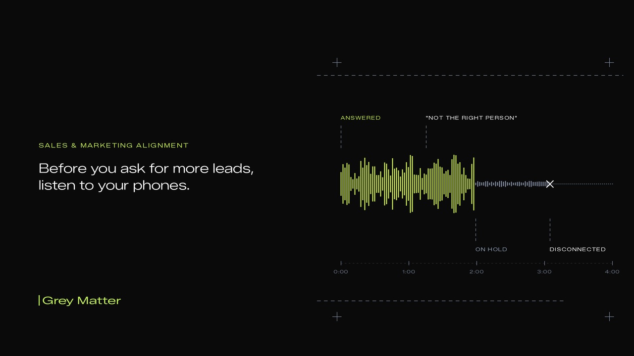 Grey Matter sales and marketing alignment graphic showing an inbound phone call waveform and the message: Before you ask for more leads, listen to your phones.