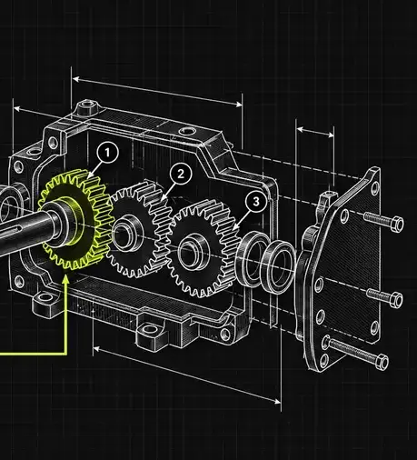 Manufacturing engineer's desk with technical blueprints, precision machined parts, and a monitor displaying search results — representing a manufacturing marketing strategy built around buyer search behavior
