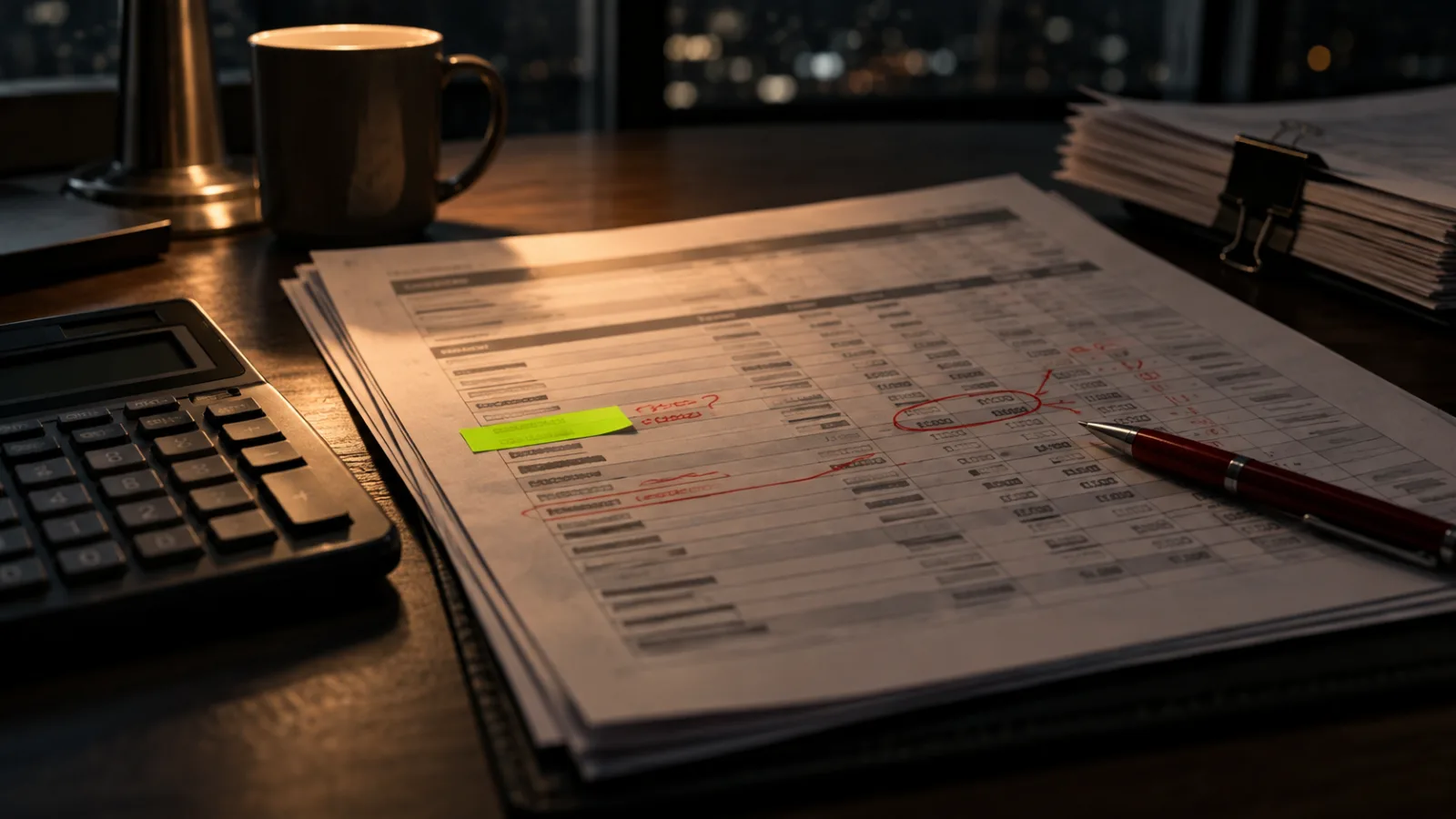 A printed budget spreadsheet covered in red pen corrections beside a calculator, one bright lime sticky flag on a single line item