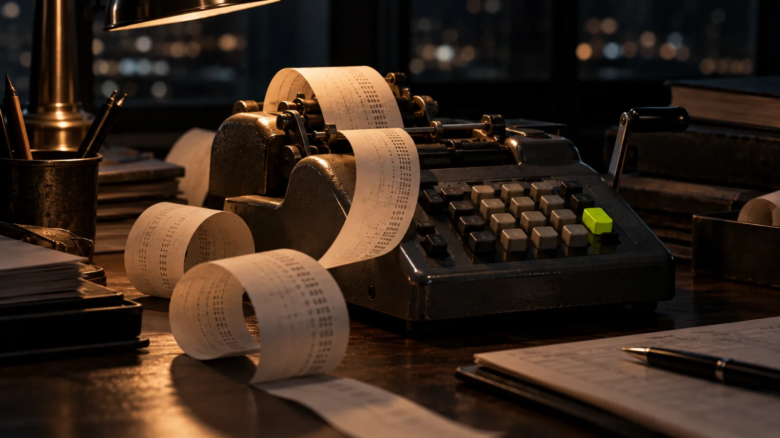 A vintage mechanical adding machine with a long paper tape, one bright lime key