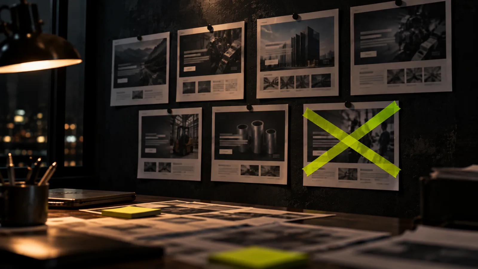 A dark war room wall with seven pinned printed ad mockups (blurred, unreadable), one of them crossed out with bright lime tape