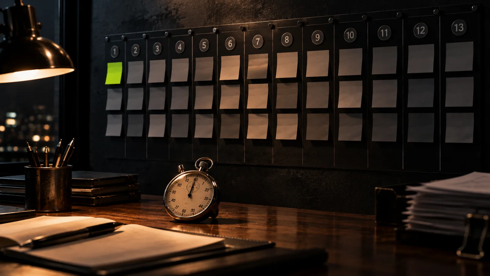 A wall planning board with a thirteen week grid of sticky notes and a steel stopwatch on the desk below, one bright lime sticky note in the first week
