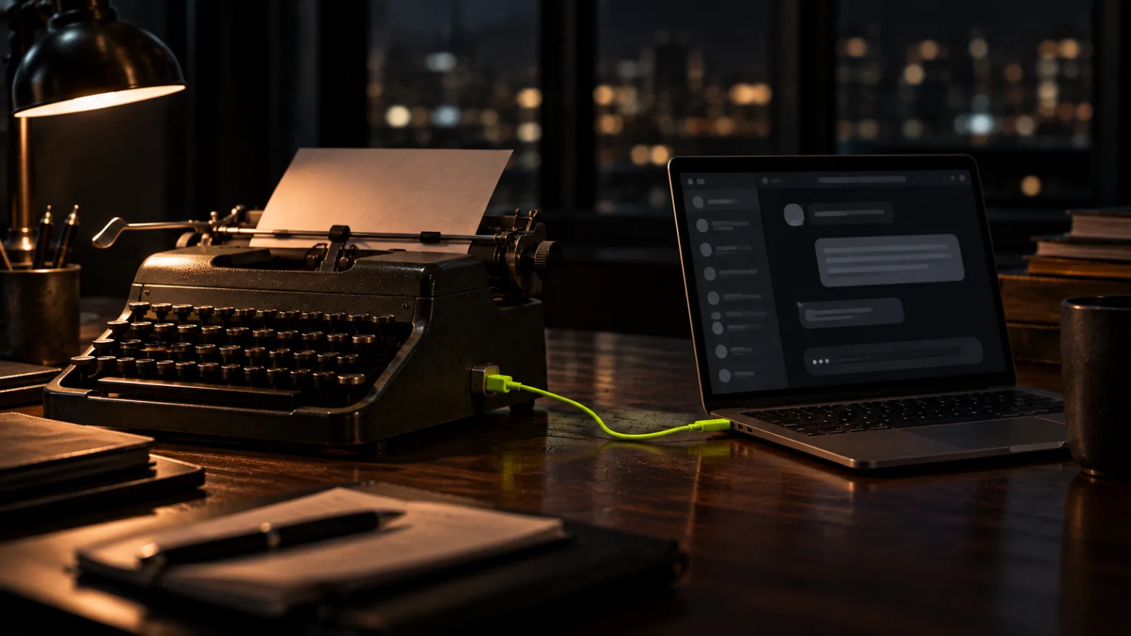 A vintage typewriter beside a slim laptop glowing with a chat interface, joined by one bright lime cable