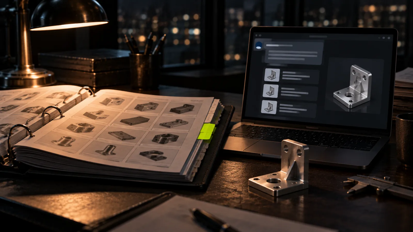 An industrial parts catalog binder open beside a laptop showing an AI chat answer and a machined steel part, one bright lime catalog tab
