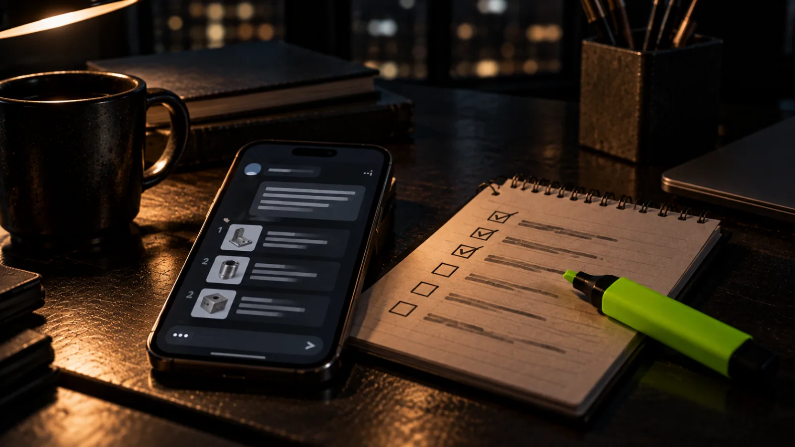 A phone face up on a dark desk showing a chat answer, beside a notepad checklist and a bright lime marker