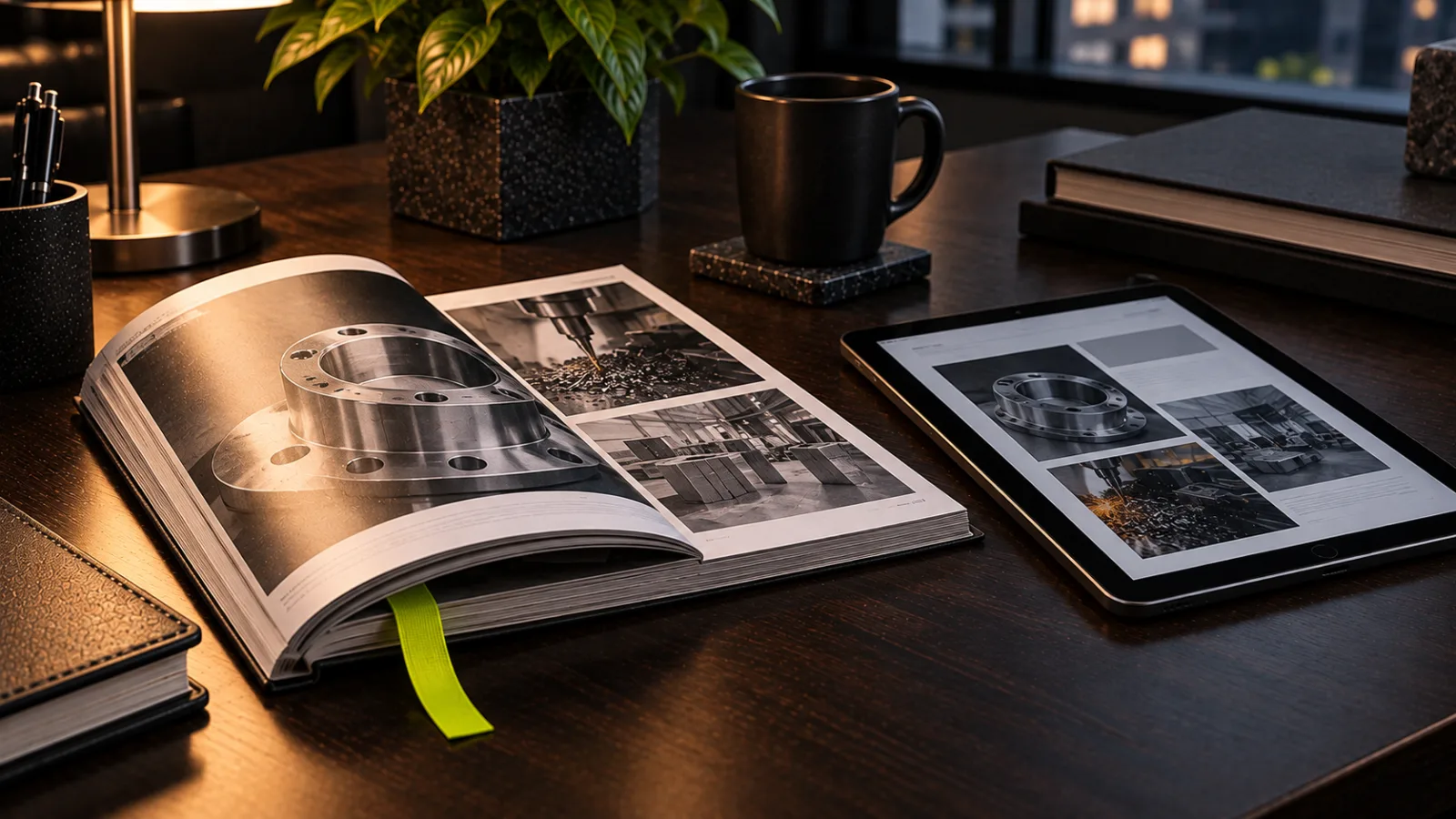 A printed trade magazine lying next to a tablet showing the same article, one bright lime bookmark ribbon