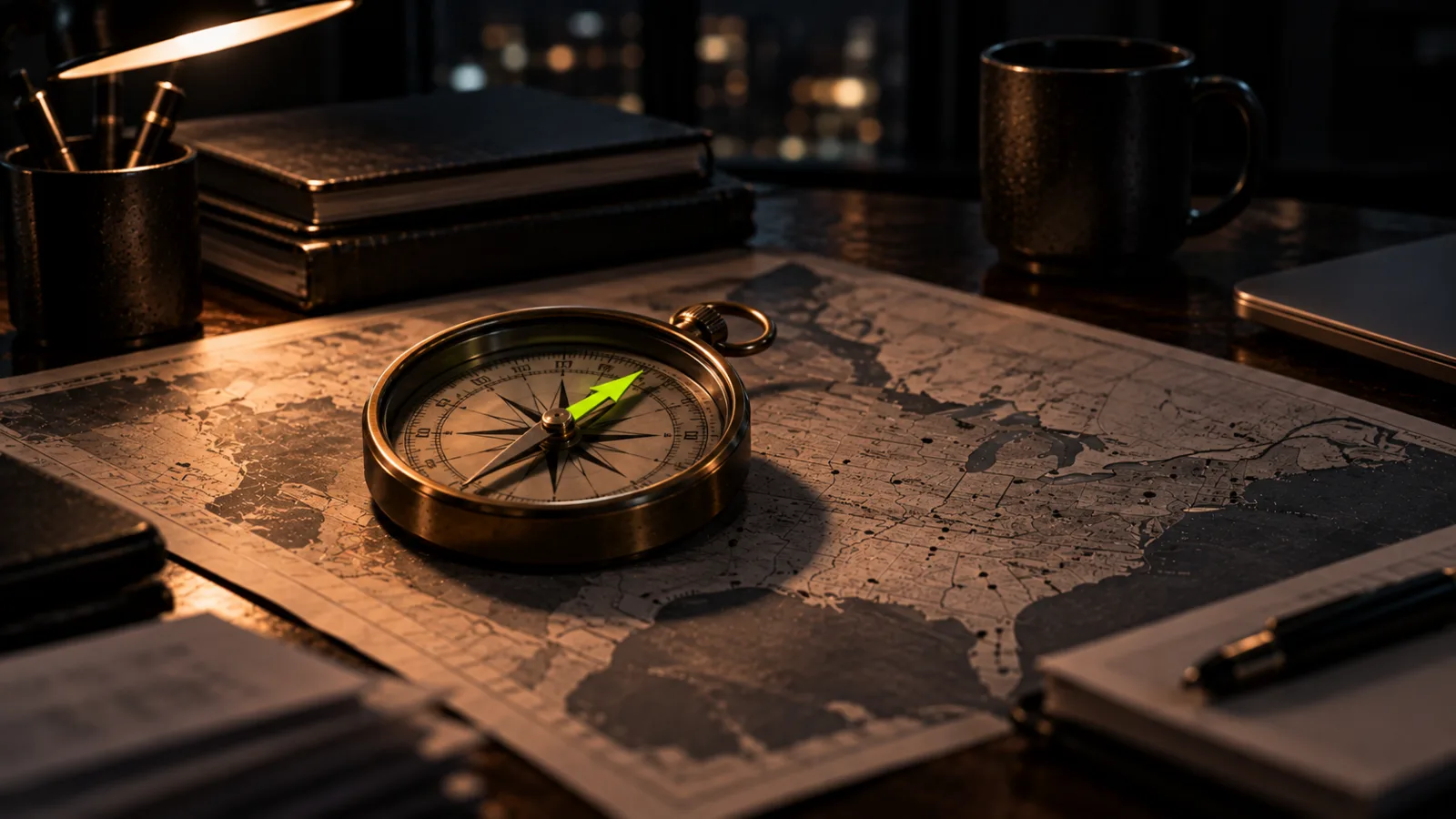 A heavy brass compass resting on a printed market map, the compass needle bright lime