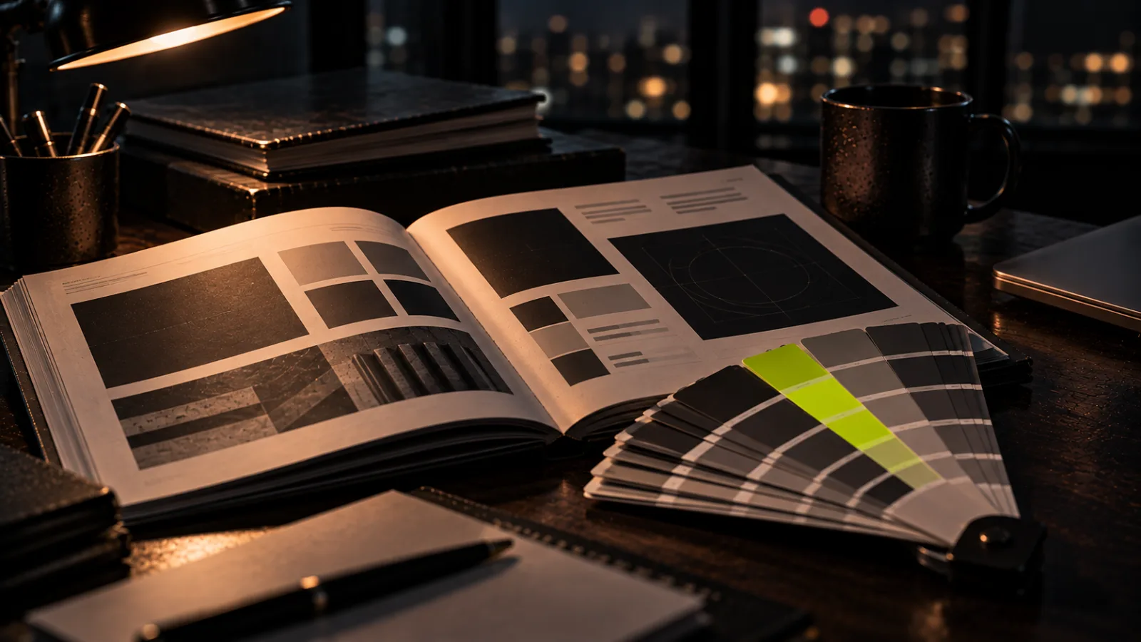 An open brand style guide book with a fan of color swatches, one swatch bright lime