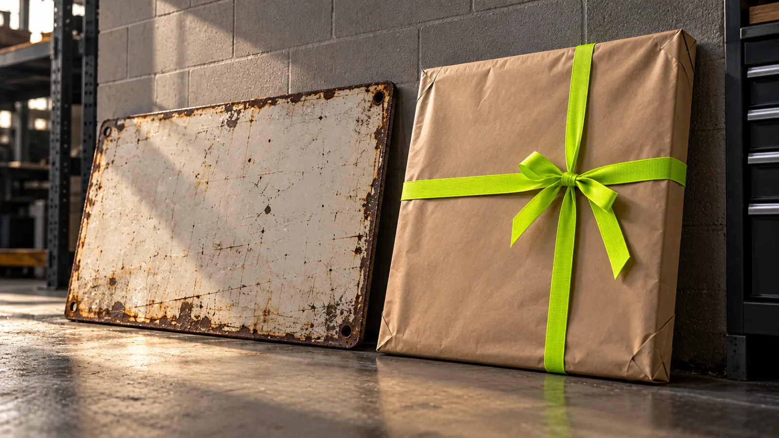 An old company sign leaning against a wall beside a new sign still wrapped in paper and tied with a bright lime ribbon