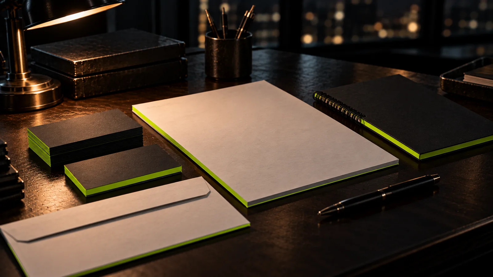 A perfectly aligned set of matching business cards, letterhead, envelope and notebook, each with a thin bright lime edge
