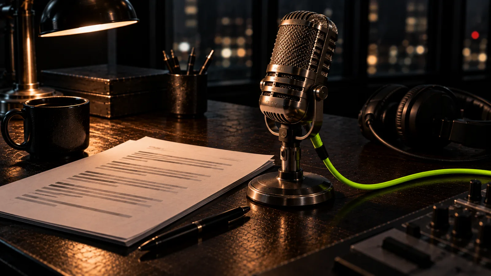 A vintage studio microphone on a desk with a printed script, a bright lime microphone cable