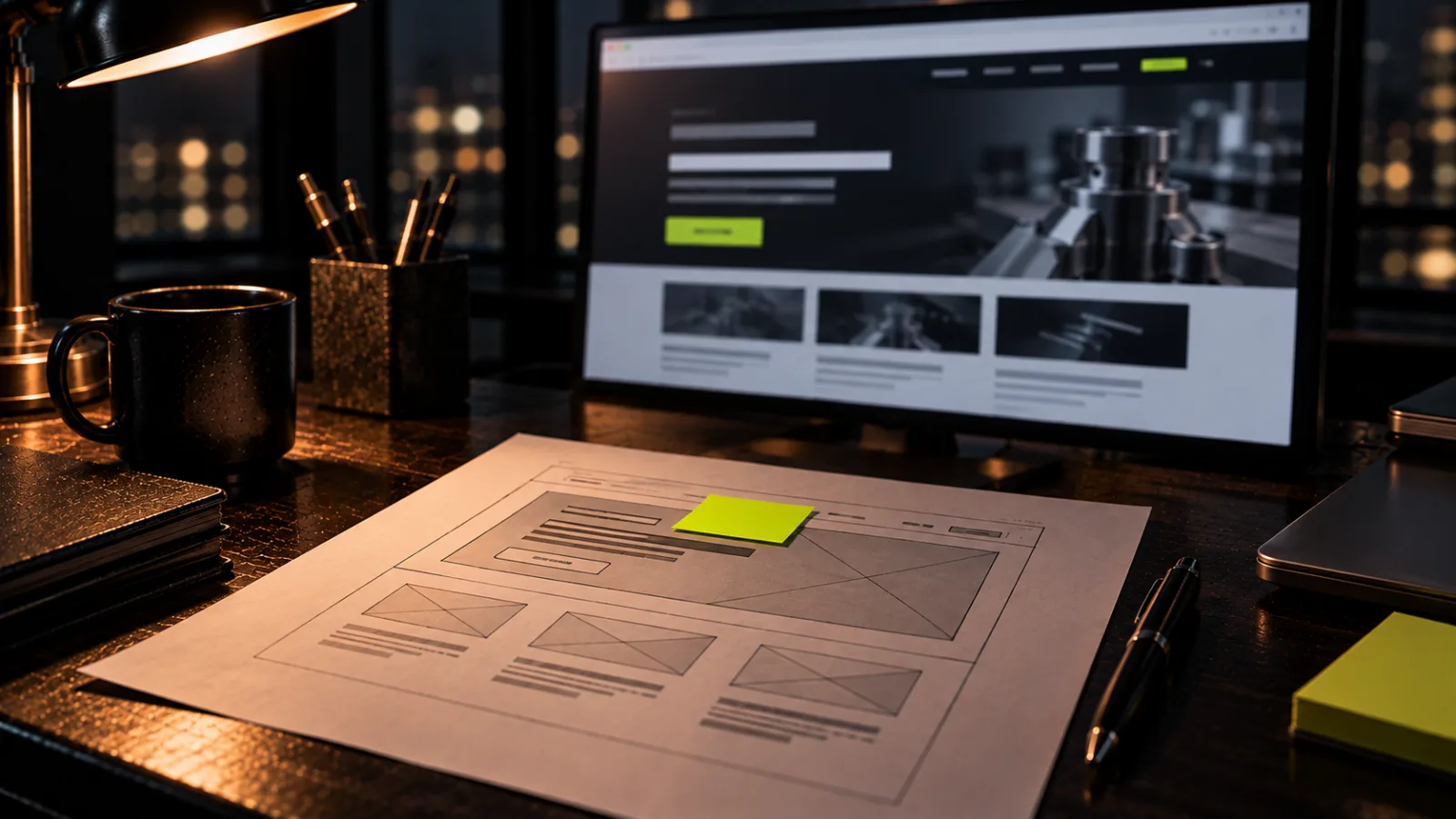 A monitor showing a blurred website homepage above a printed wireframe of the same page, one bright lime sticky note on the top section