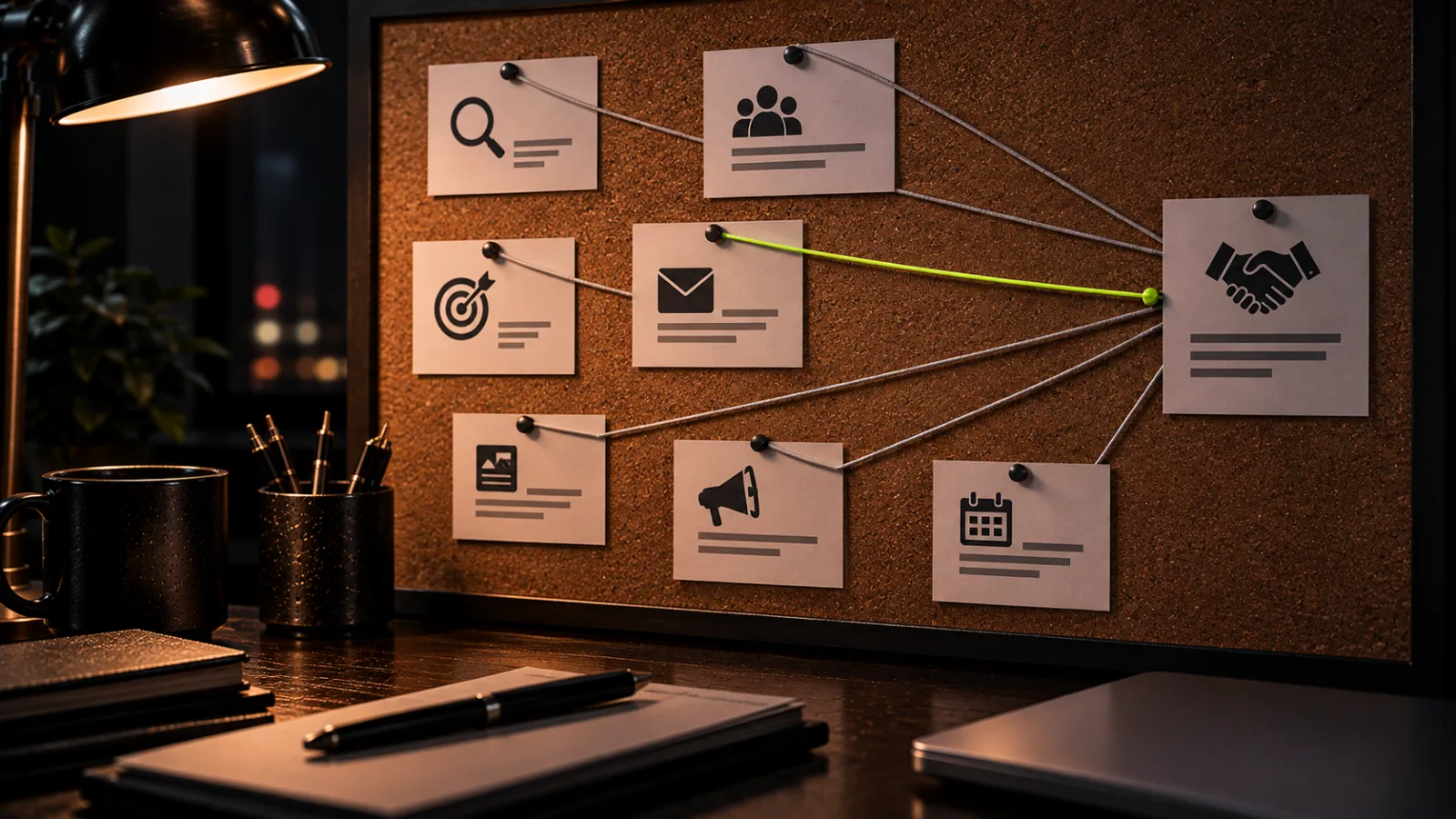 A corkboard where strings connect printed channel cards to one deal card, a single bright lime string