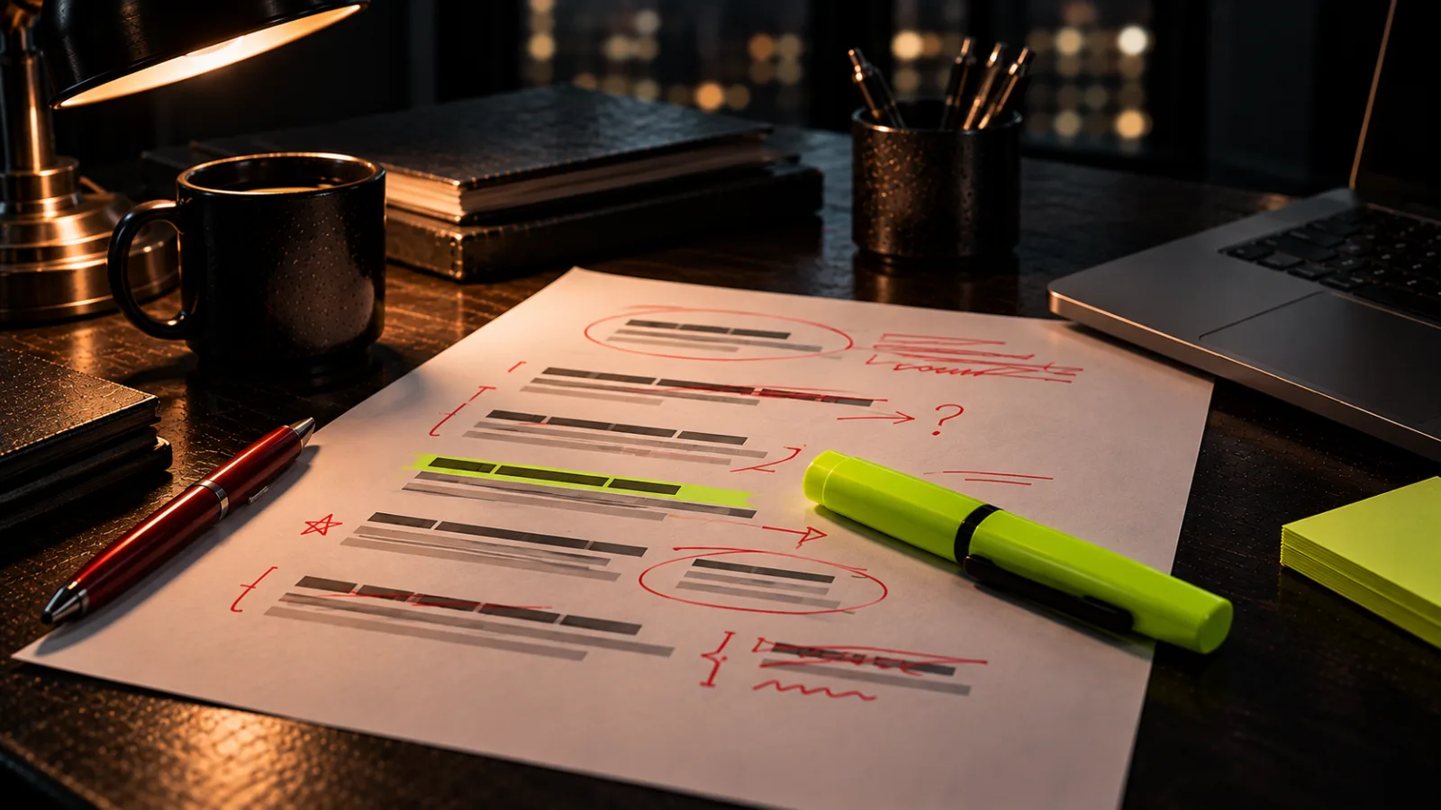 A printed sheet of taglines covered in red pen edits, a bright lime highlighter lying across it