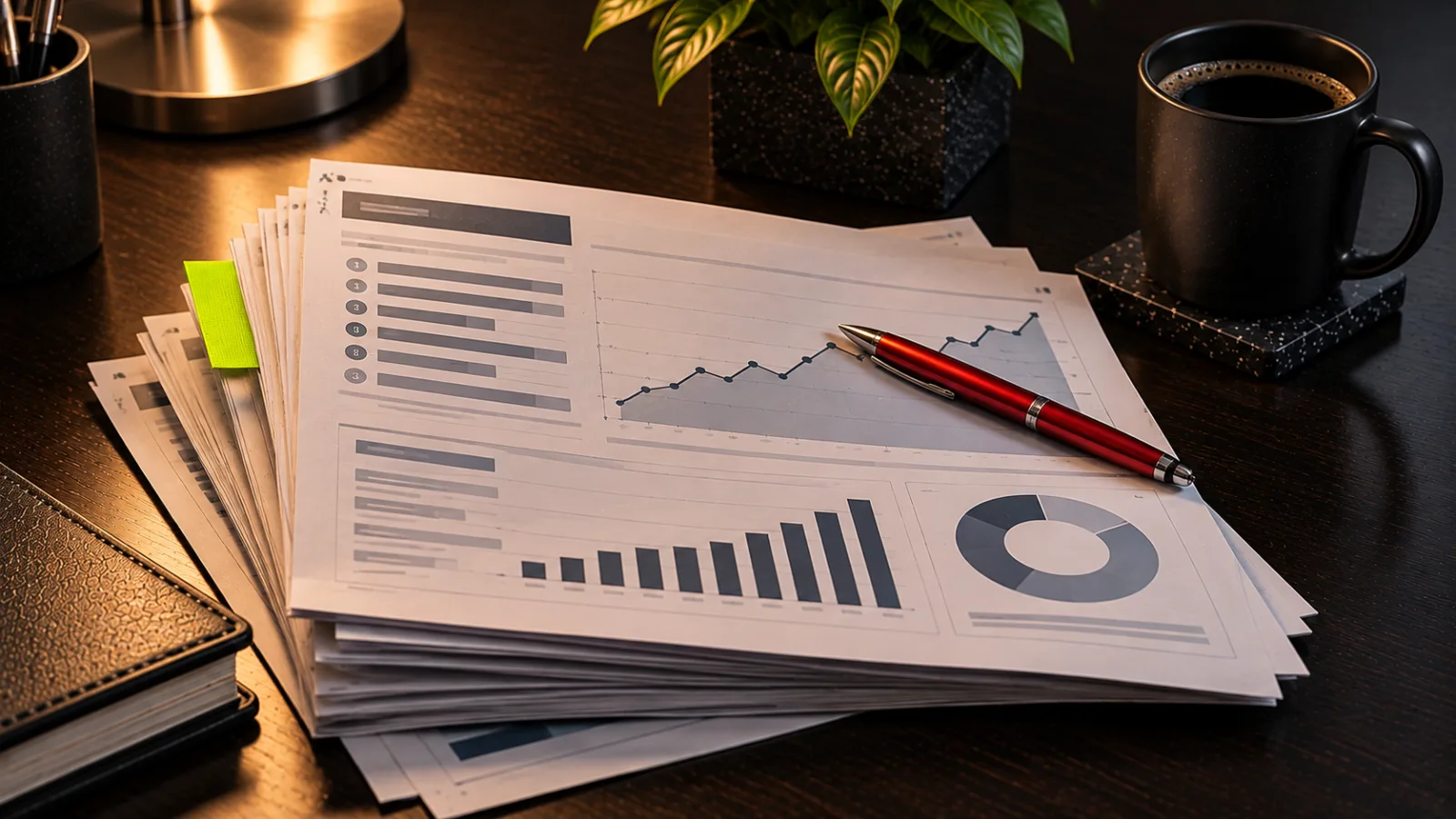 A stack of printed SEO reports with ranking charts, one bright lime tab, a red pen resting on a traffic chart