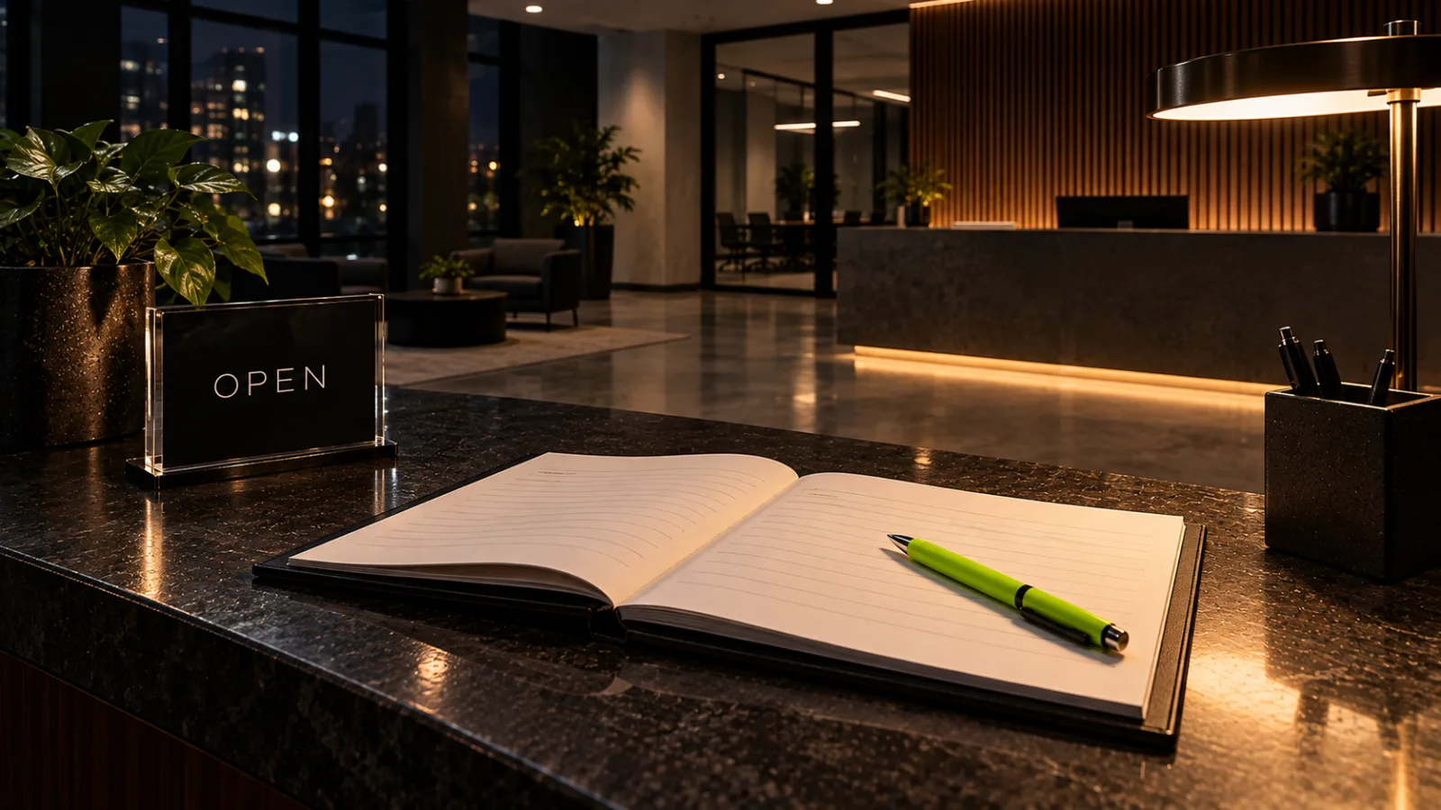 An empty office lobby at night with a reception desk and an open visitor sign in book with blank pages, a bright lime pen