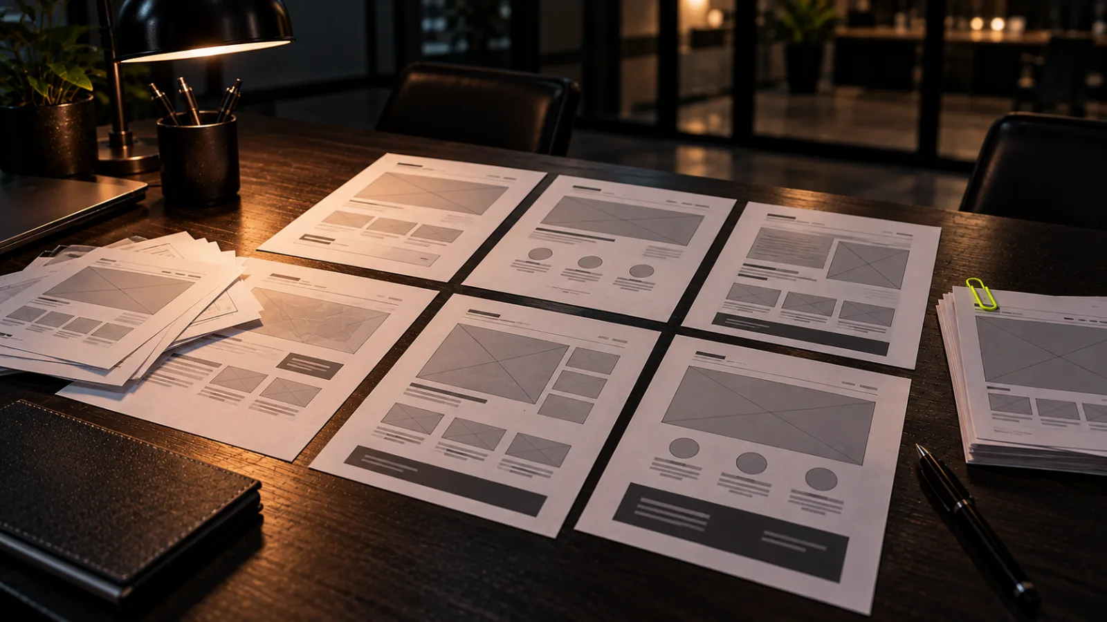 Printed website page wireframes laid out in a neat grid on a table with a few pushed aside, one bright lime paperclip