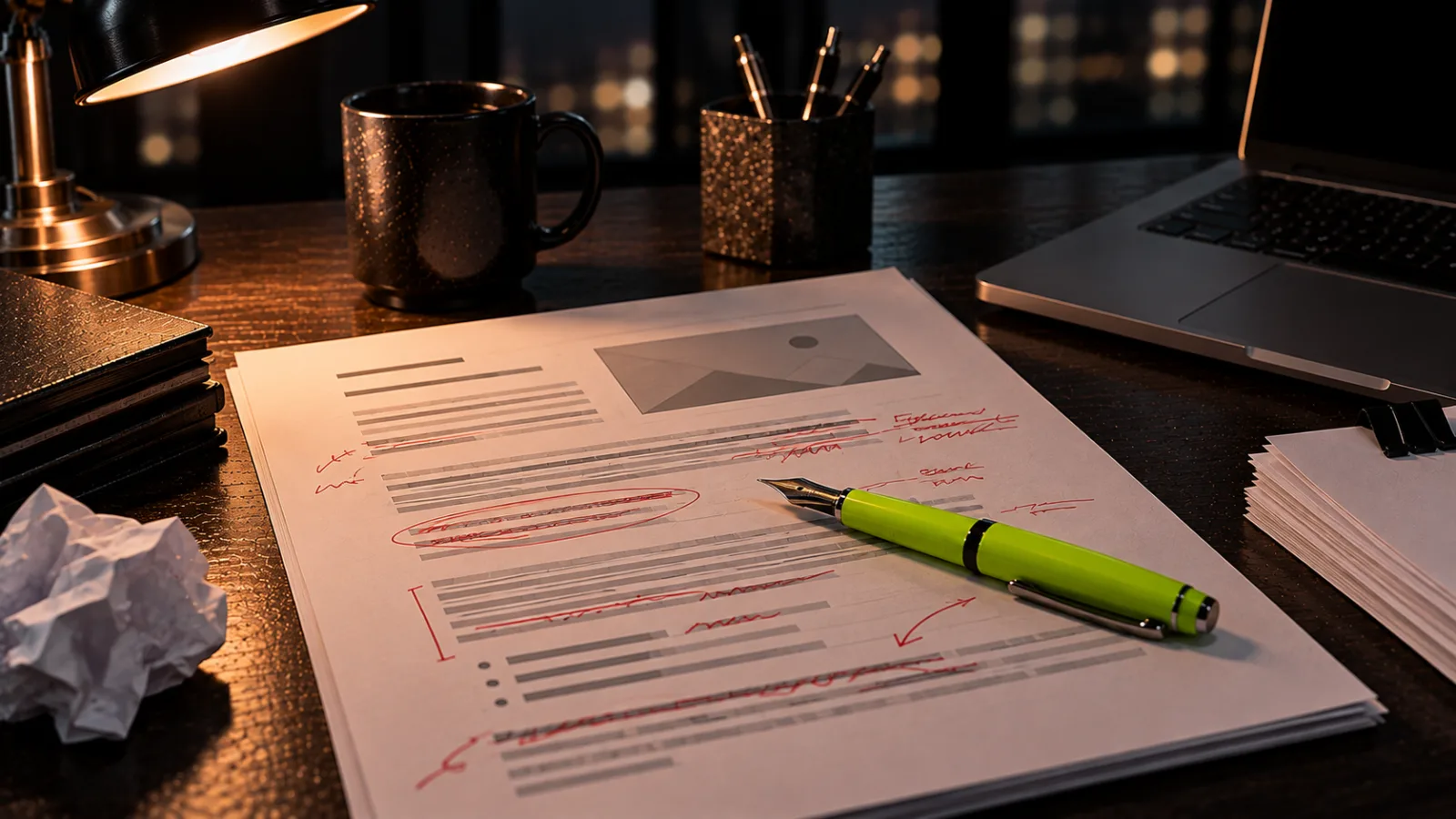 A fountain pen resting on a printed article draft with handwritten edits, the pen bright lime