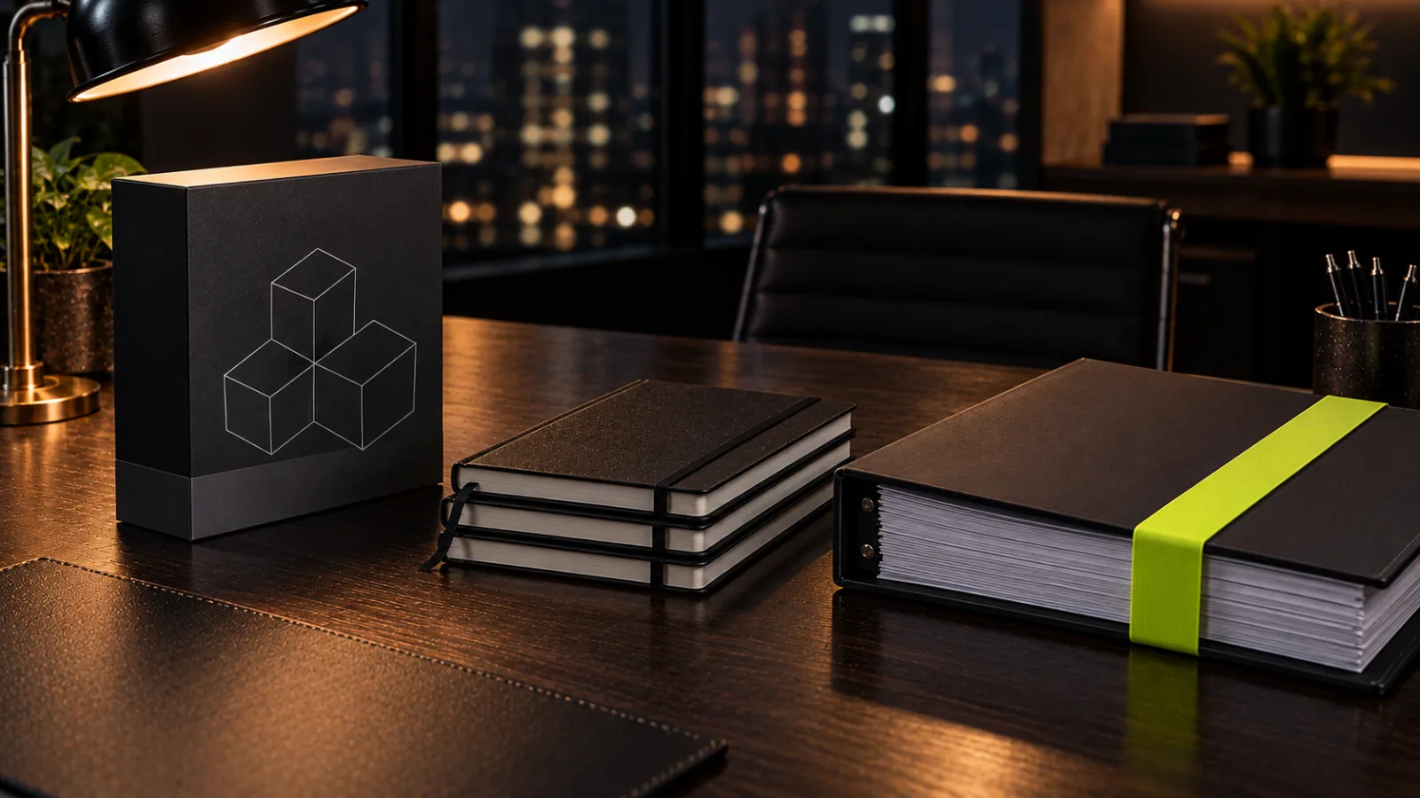 Three neat stacks on a desk: a software box, a team notebook and an agency proposal binder, one bright lime band around the binder