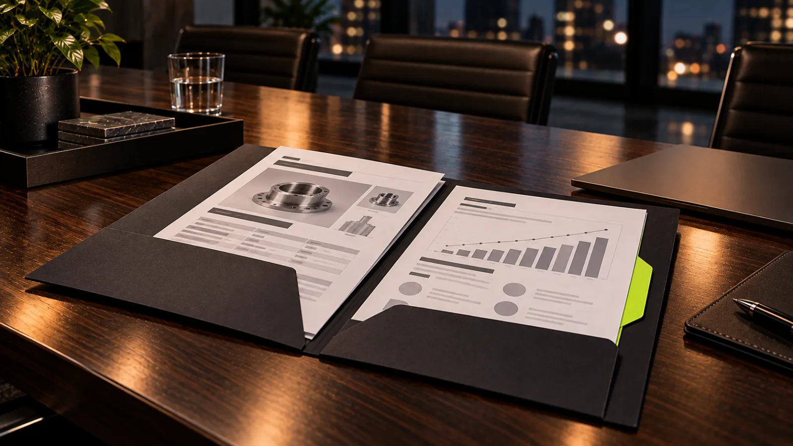 A neatly assembled buyer packet folder with spec sheet and ROI sheet sliding across a conference table, one bright lime folder tab