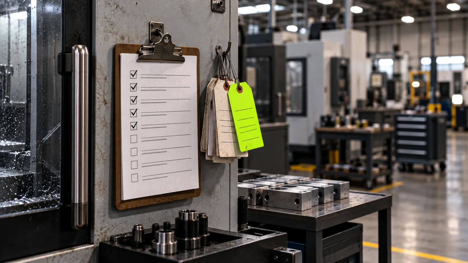 A plant floor clipboard checklist hanging on a machine with defect tags, one bright lime tag