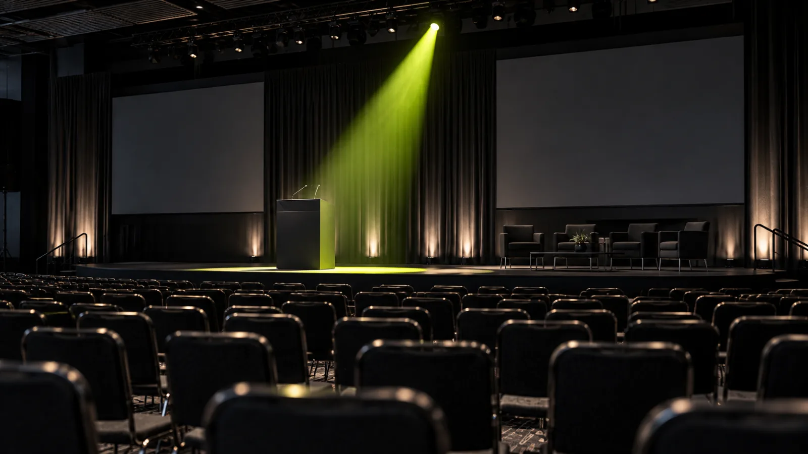 An empty conference keynote stage seen from dark rows of seats, a single bright lime spotlight beam
