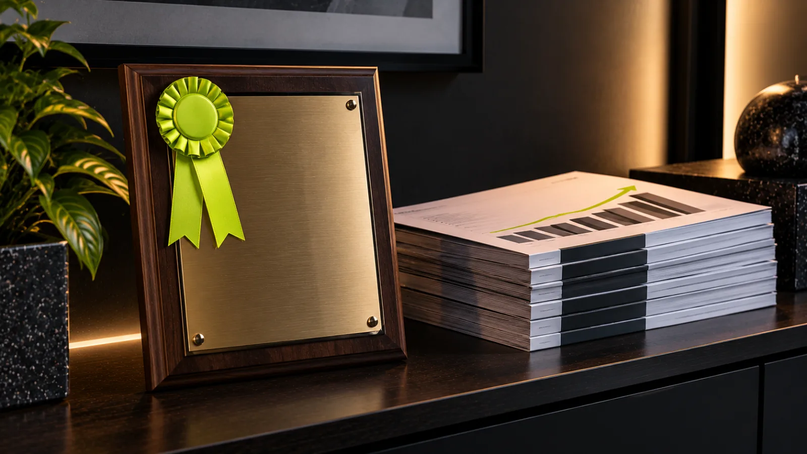 A blank award plaque with a bright lime ribbon on a dark office shelf beside a stack of growth reports