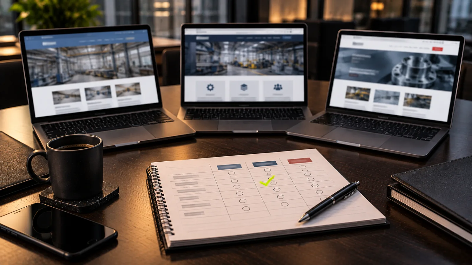 Three laptops open side by side showing blurred vendor websites and a notepad with a scoring table, one bright lime tick mark