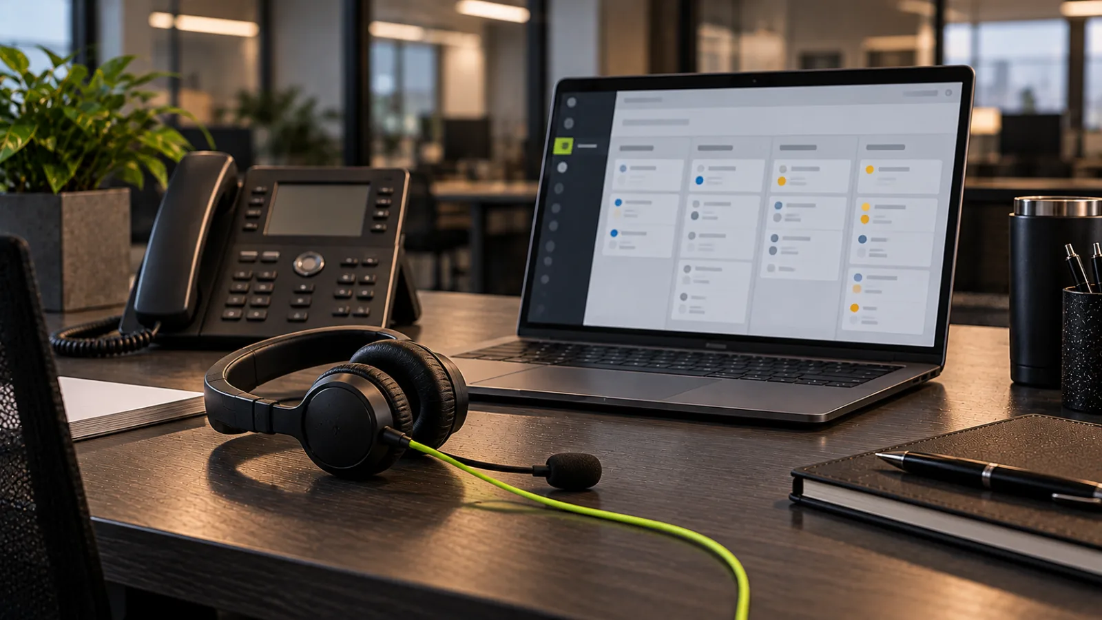 A sales desk with a headset, a desk phone and a laptop showing a CRM, the headset cable bright lime