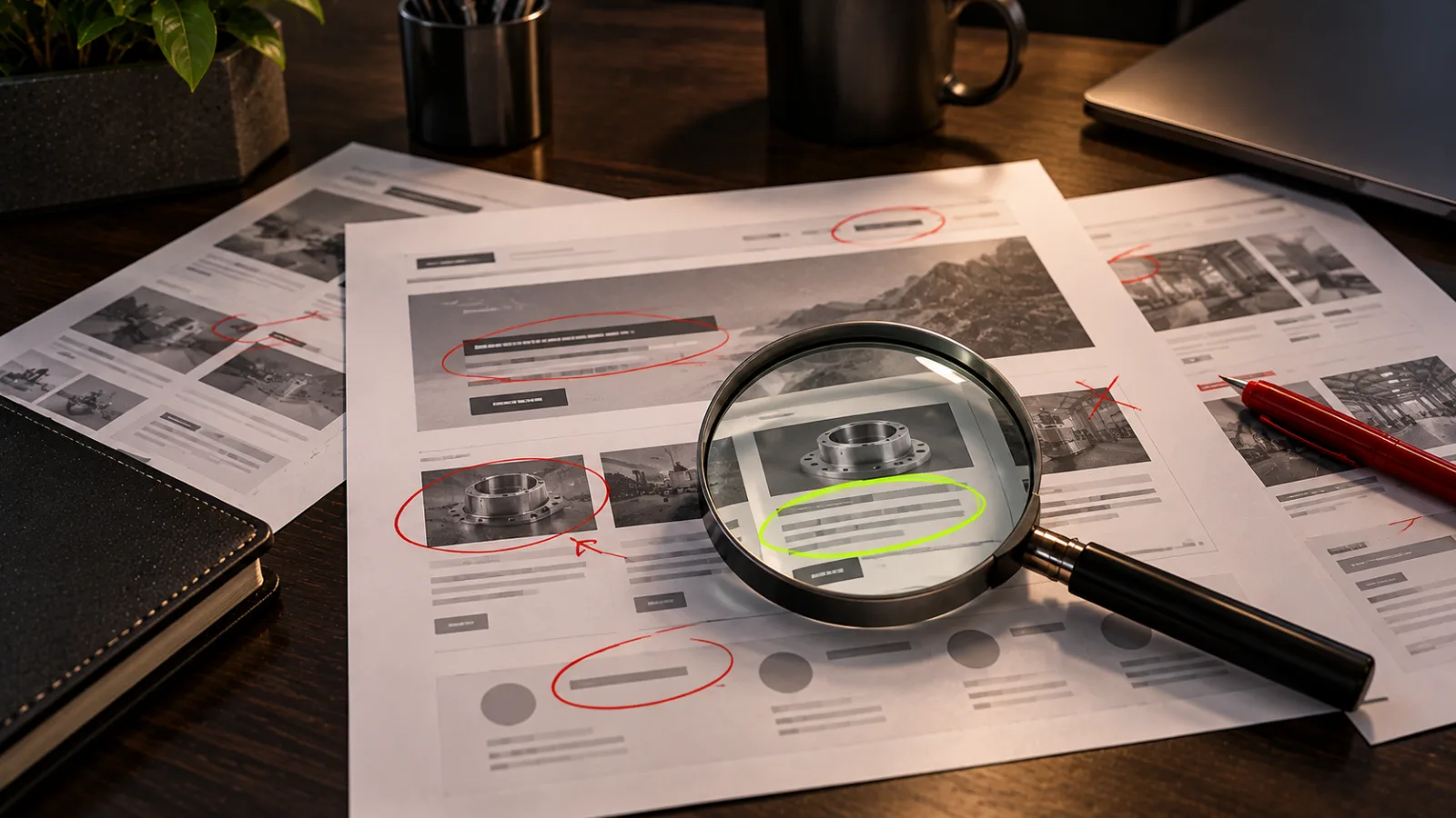A magnifying glass over a printed web page marked with red circles and one bright lime circle