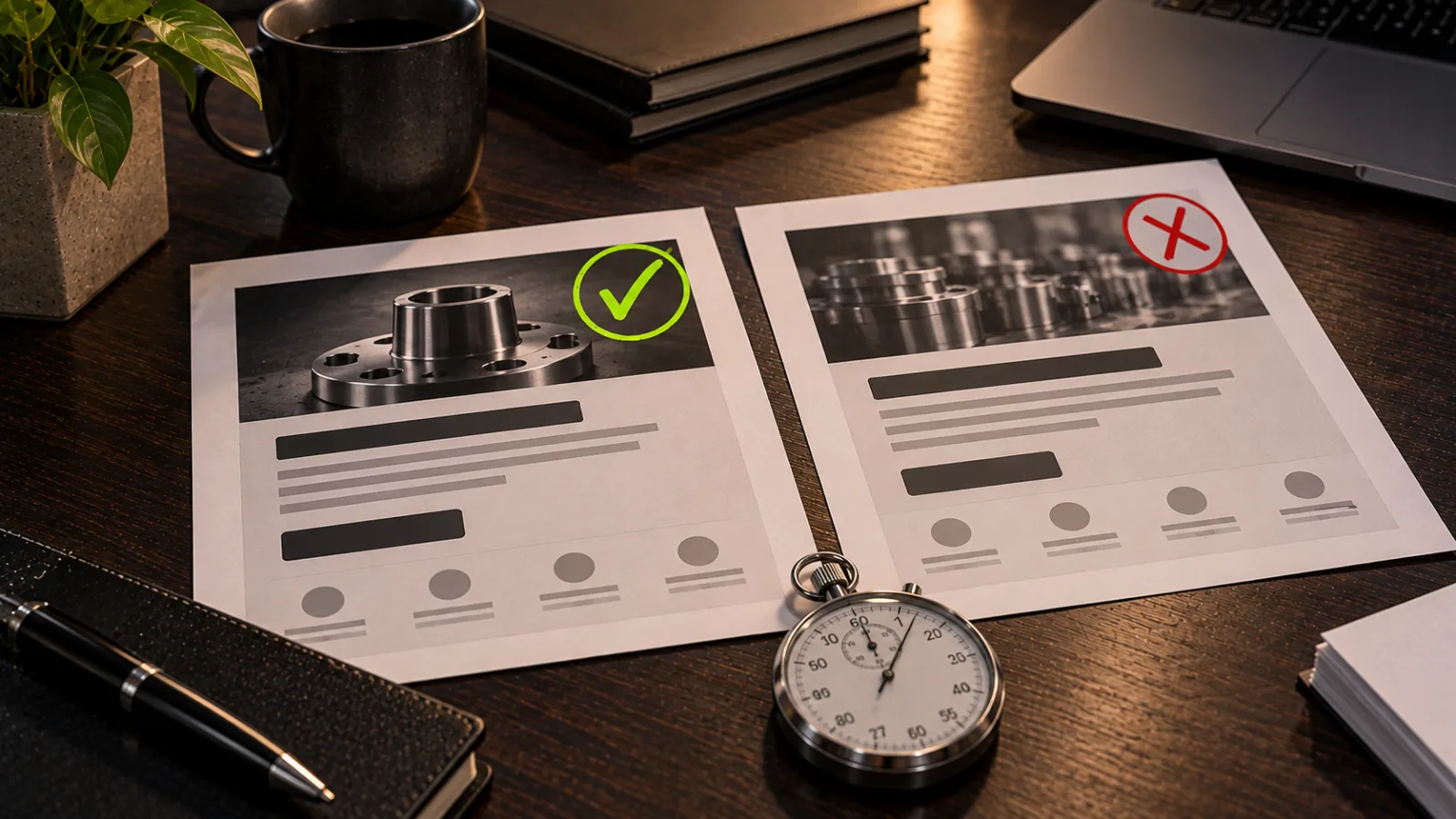 Two printed ad cards side by side on a desk with a steel stopwatch, one card marked with a bright lime check