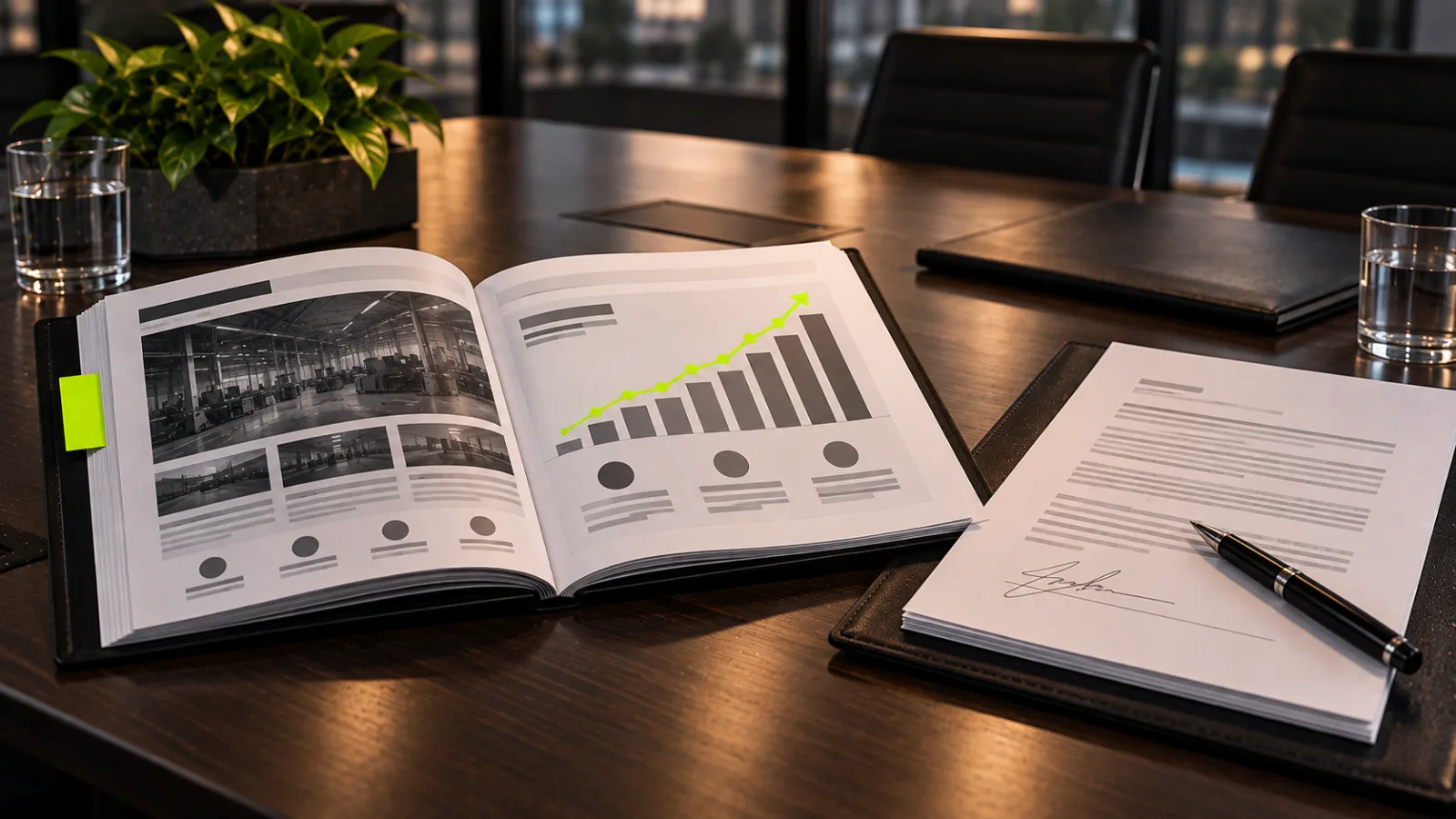 A bound printed case study open to a results chart next to a signed contract and pen on a boardroom table, one bright lime tab