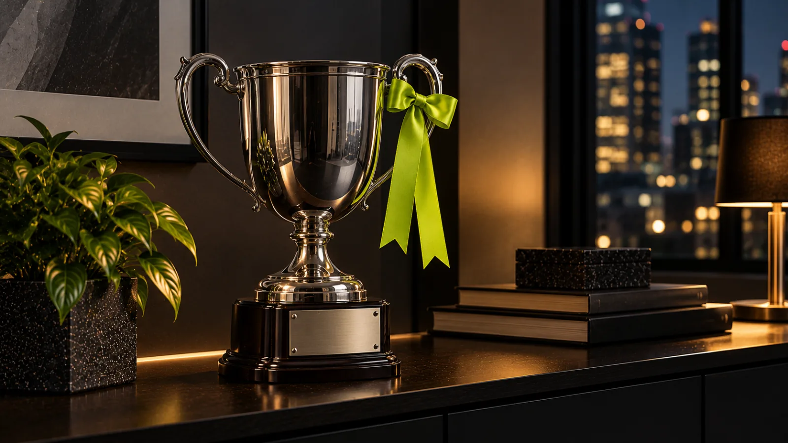 A polished steel trophy cup on a dark office credenza at night with a bright lime ribbon on one handle