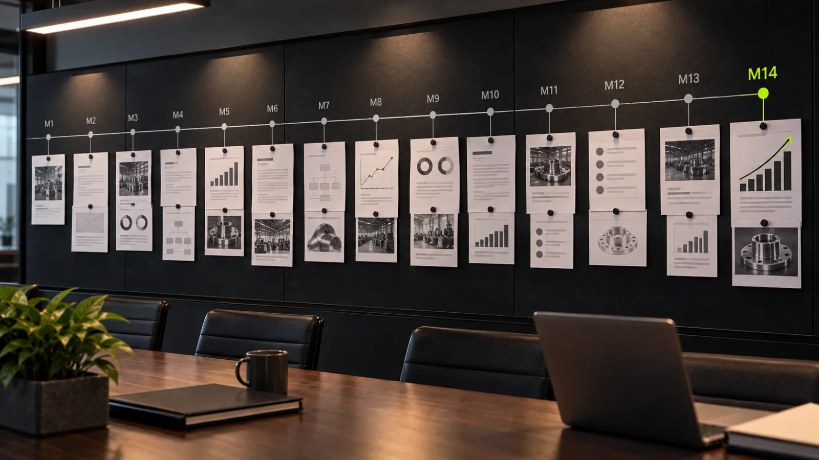 A long wall timeline of fourteen months with pinned documents at milestones, a bright lime marker at the final month
