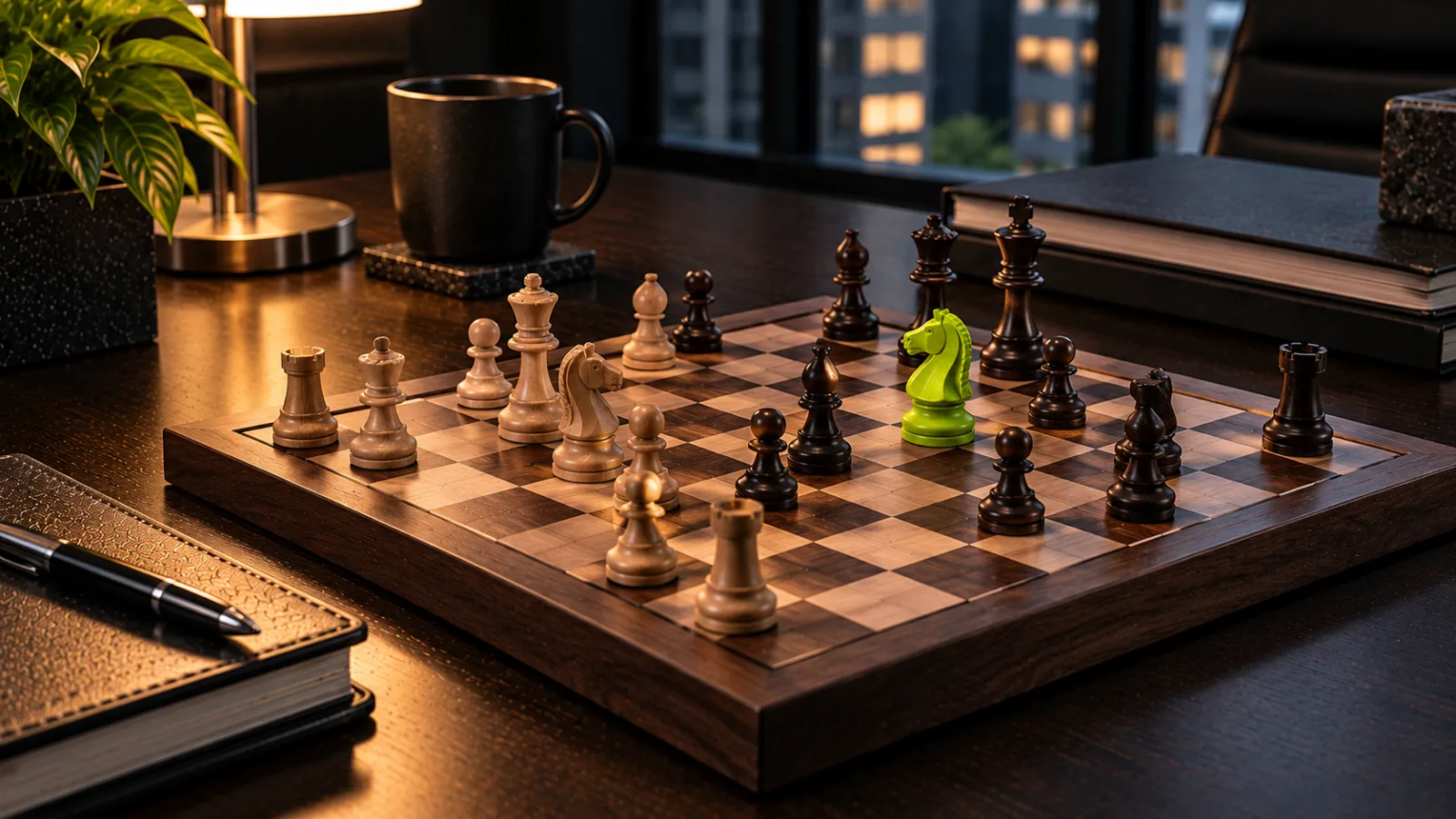 A wooden chess set mid-game on a dark office desk, one knight painted bright lime