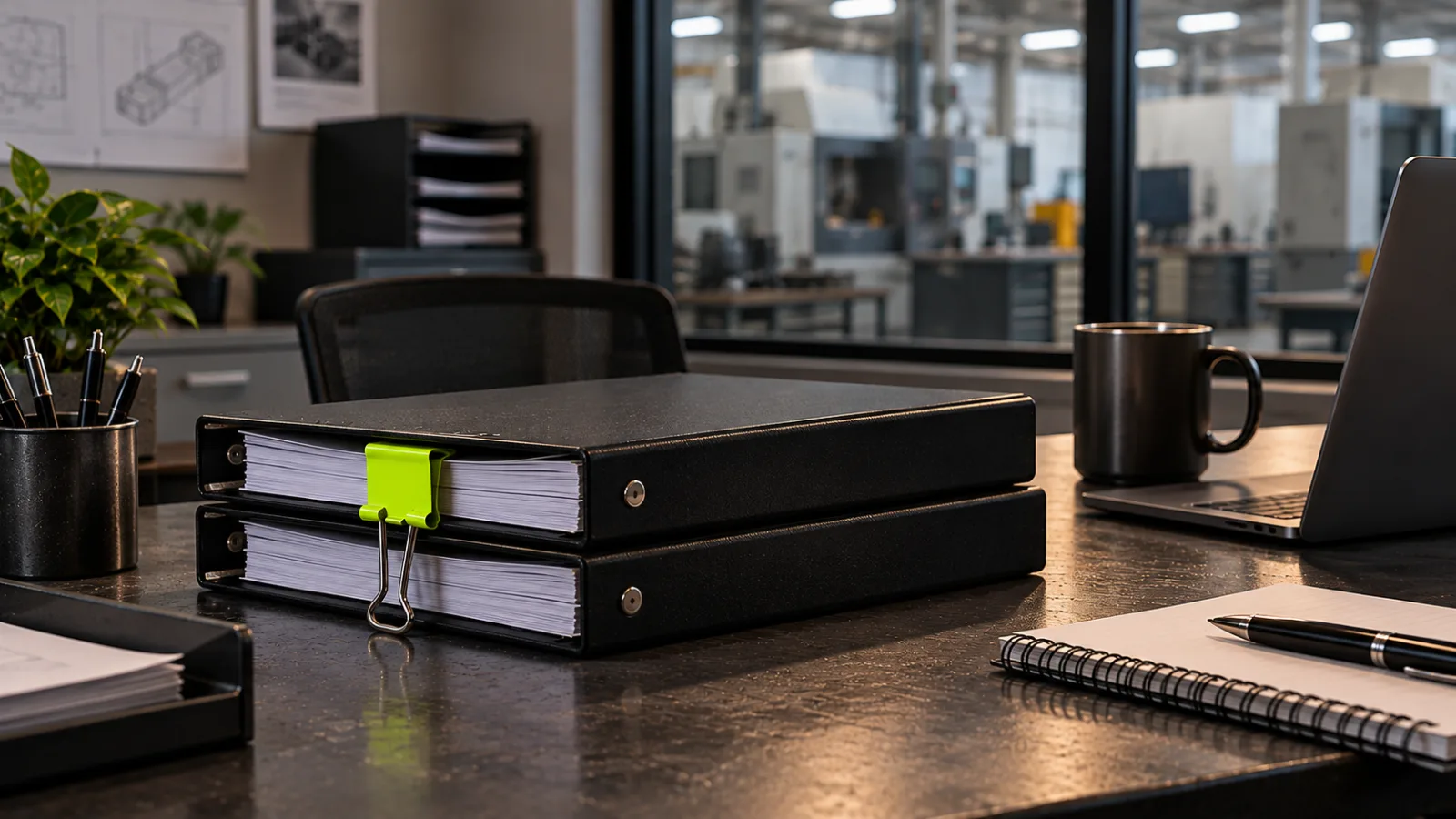 A sales binder and a marketing binder clipped together with a bright lime binder clip on a plant office desk
