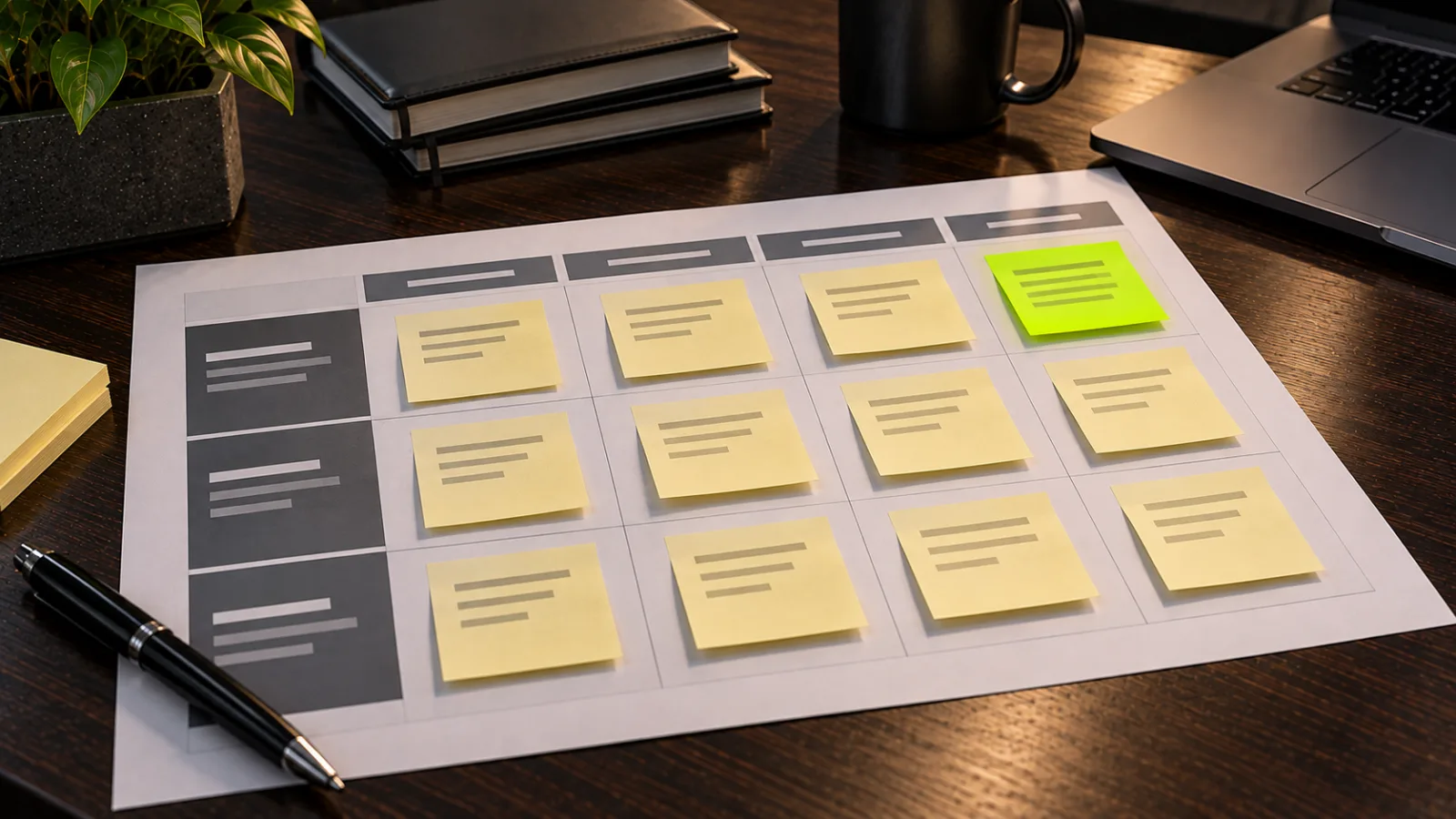 A printed grid worksheet with sticky notes in rows and columns, one bright lime sticky note