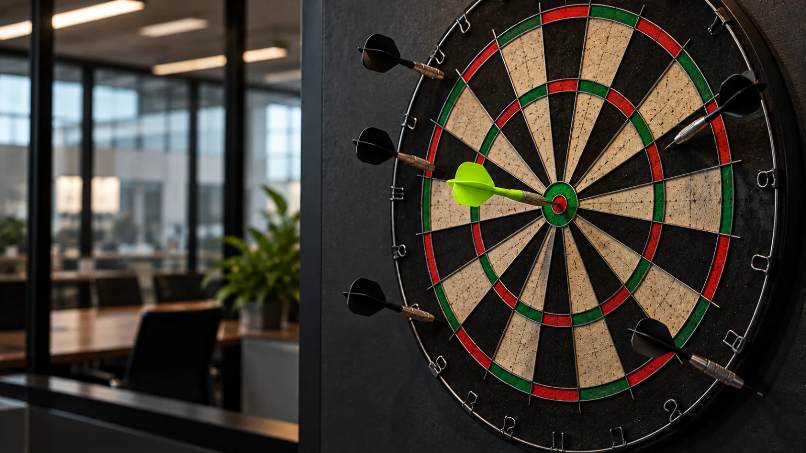A dartboard with darts scattered off target and one bright lime dart in the center