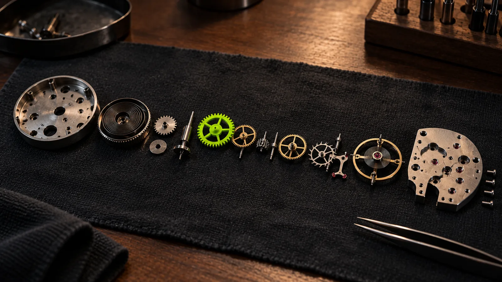 The parts of a disassembled clock movement laid out in order on a dark cloth, one bright lime gear