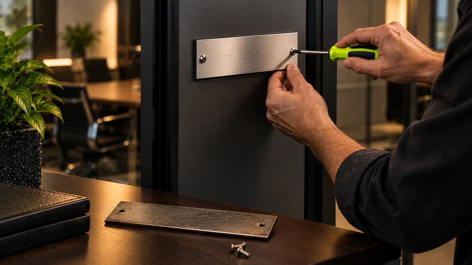 A new brushed steel nameplate being mounted on an office door with a bright lime screwdriver, the old plate on the desk below