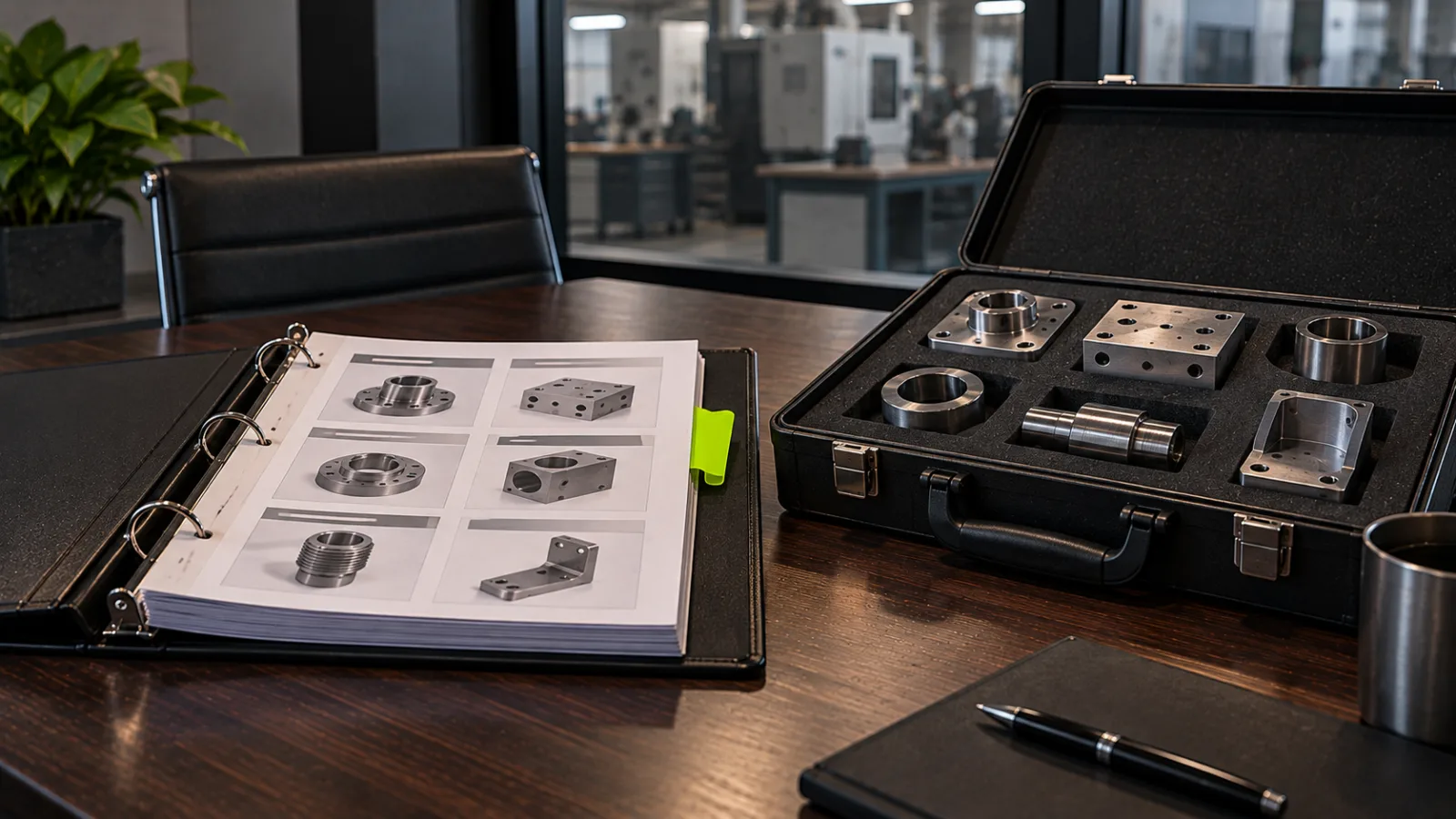 A sales rep's spec sheet binder beside an open sample case of machined parts, one bright lime tab