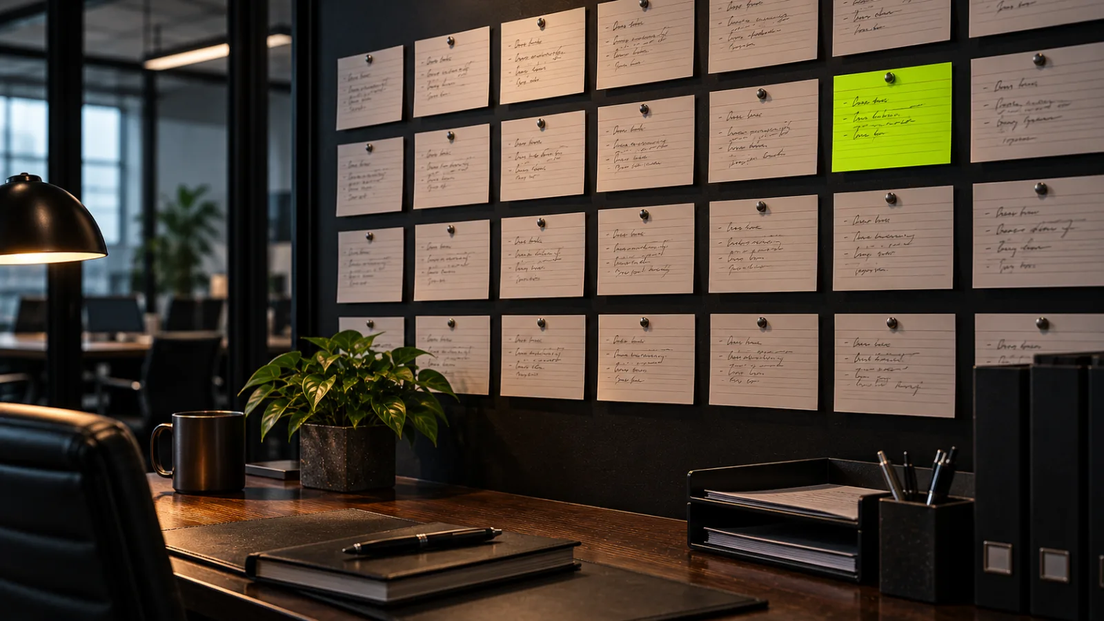 A wall of handwritten customer note index cards in a dark sales office, one bright lime card
