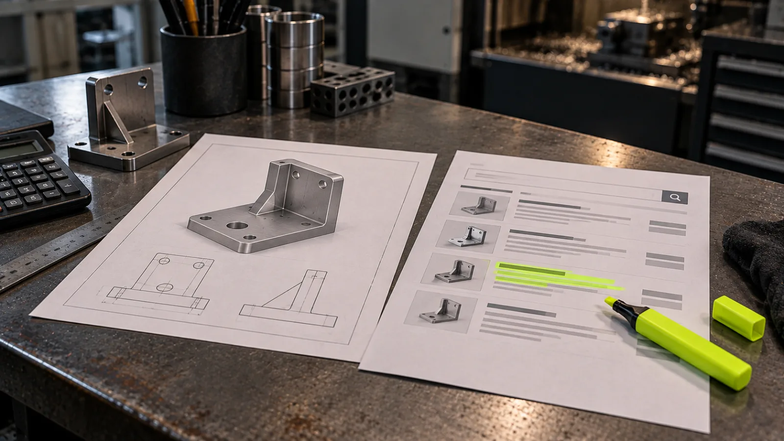 A product spec sheet and a printed search results page on a machine shop desk, a bright lime highlighter