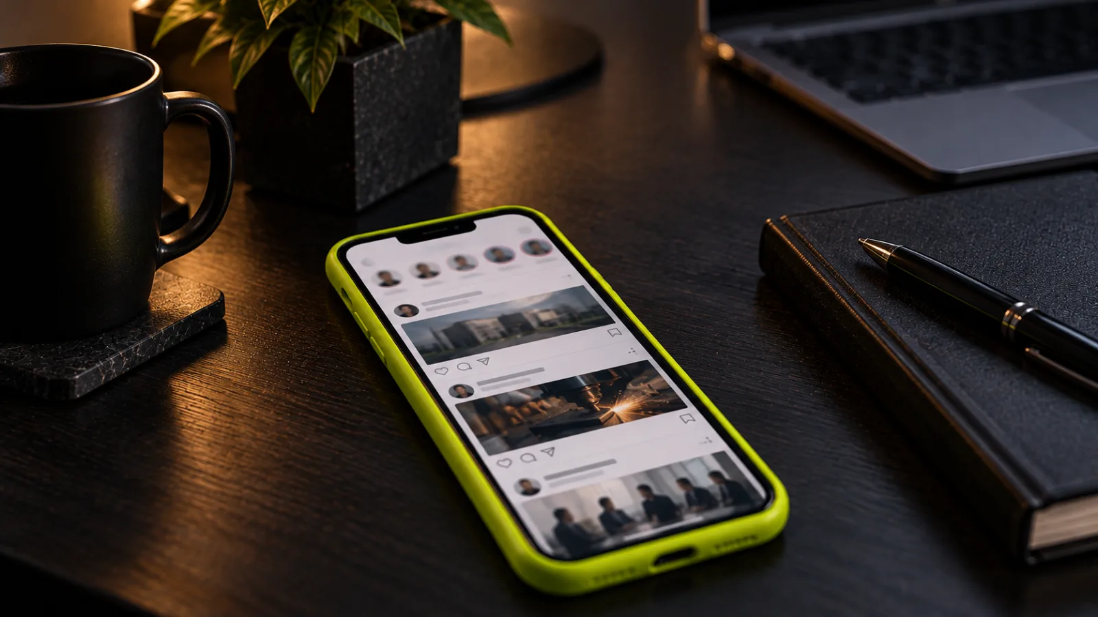 A phone on a dark desk showing a blurred social media feed, the phone case bright lime