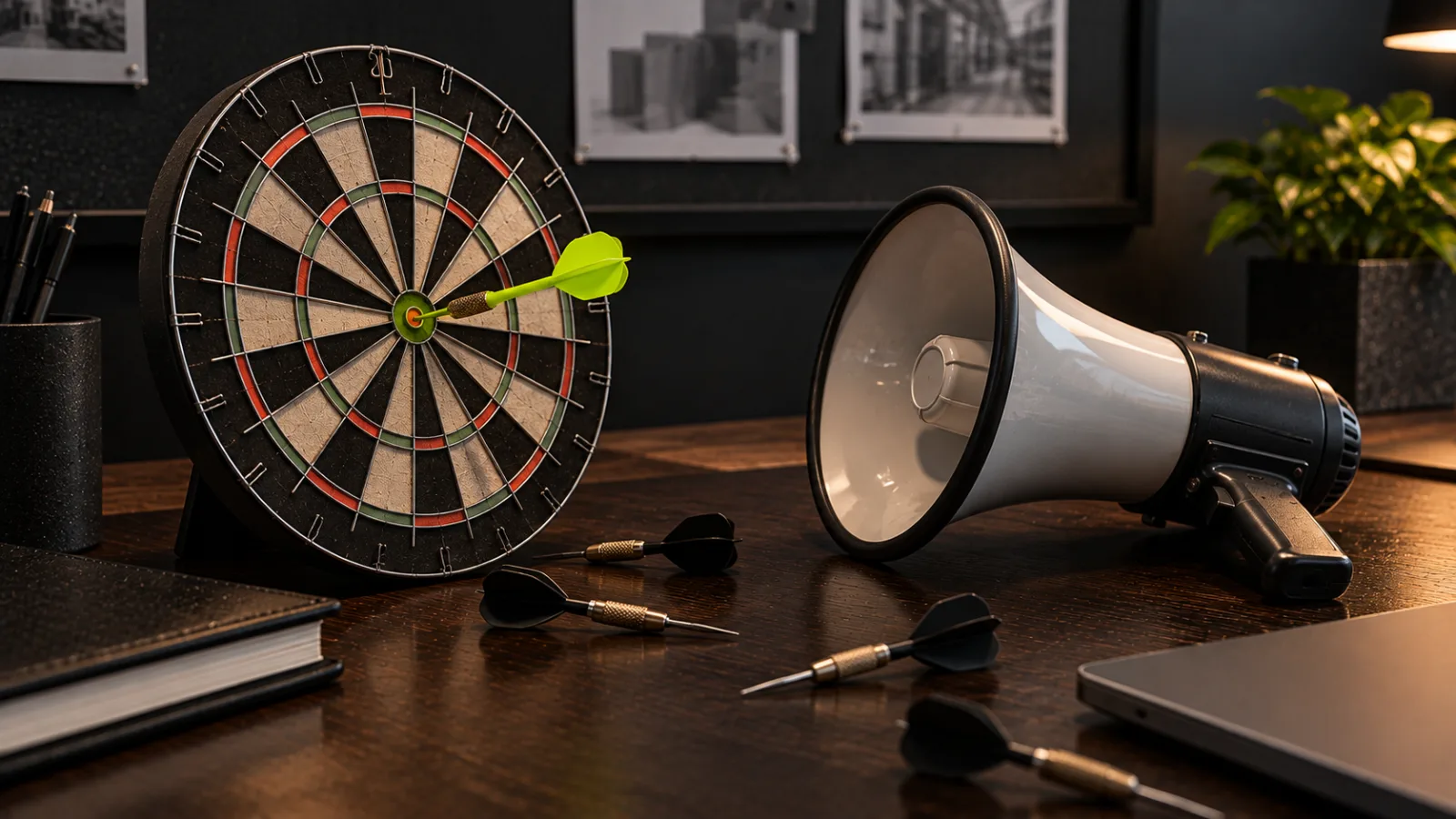 A dartboard target next to a megaphone on a dark desk, one bright lime dart